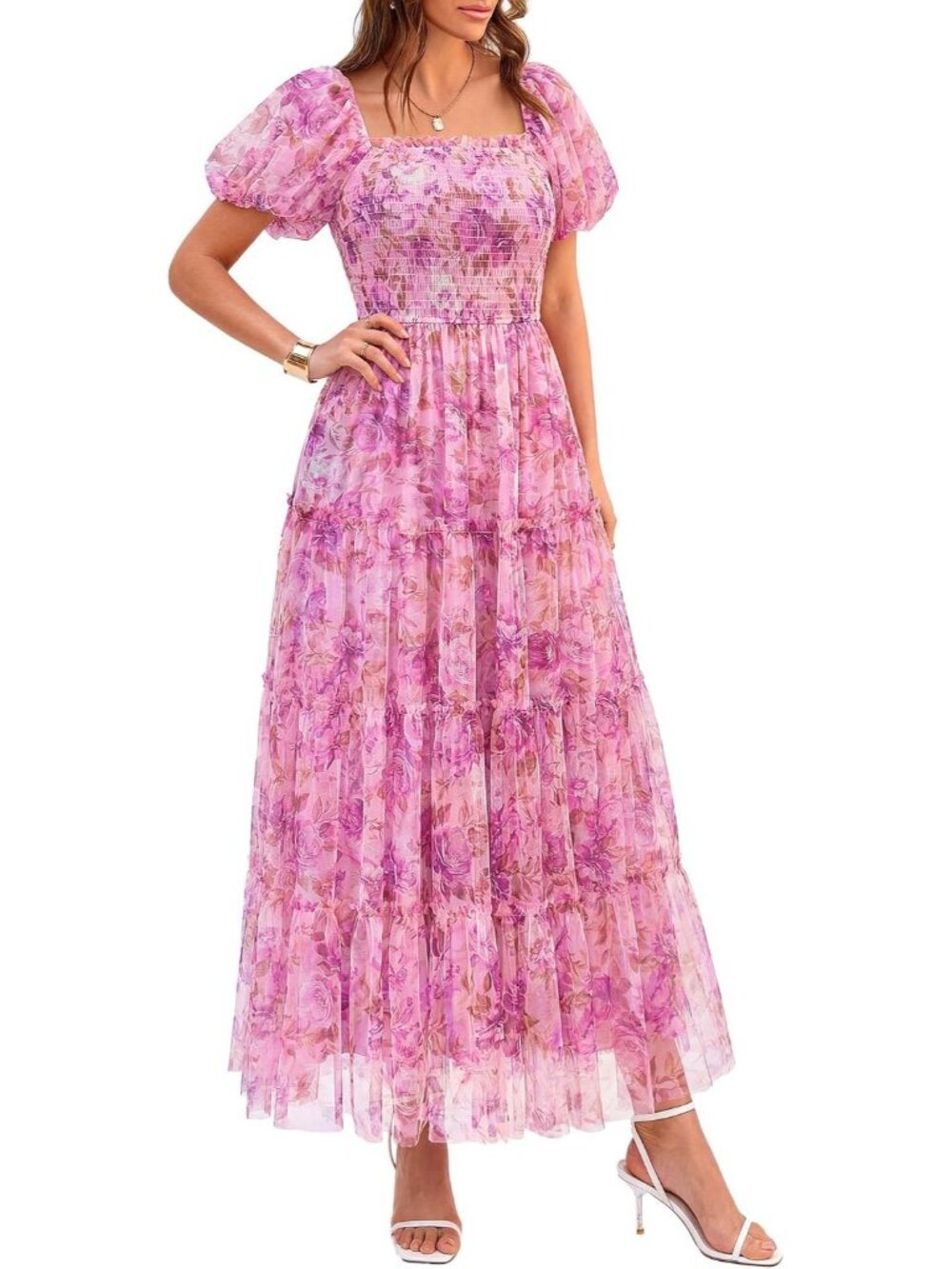 Women's Light Purple Summer Lightweight Flow Mesh Square Neck Smocked Midi Dress